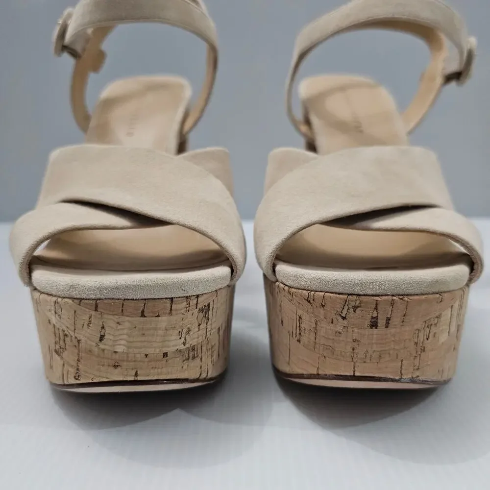 Veronica Beard Lucille Platform Sandal Womens 10 Ecru Suede Cork Block Heel